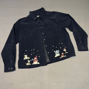 Christopher Banks Wmns XL Embroidered Snowmen Christmas Holiday Blouse Navy Blue